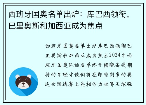 西班牙国奥名单出炉：库巴西领衔，巴里奥斯和加西亚成为焦点