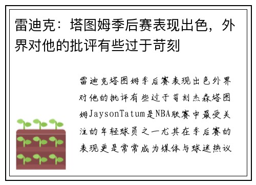 雷迪克：塔图姆季后赛表现出色，外界对他的批评有些过于苛刻