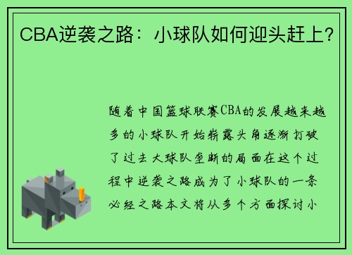 CBA逆袭之路：小球队如何迎头赶上？