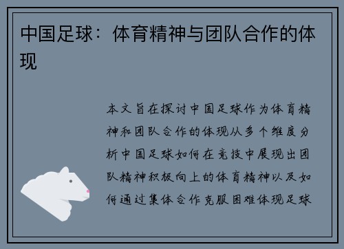 中国足球：体育精神与团队合作的体现