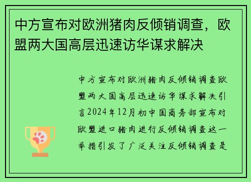 中方宣布对欧洲猪肉反倾销调查，欧盟两大国高层迅速访华谋求解决